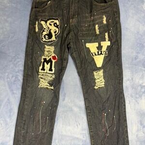 Distressed black denim jeans with paint splatter and embroidery, Size: 38